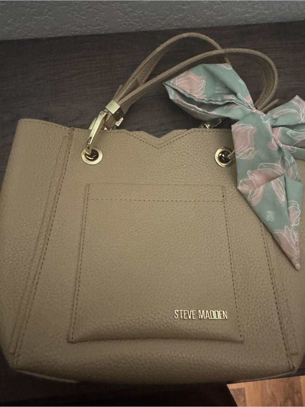 Steve Madden Taupe Tote with Floral Scarf Accent
